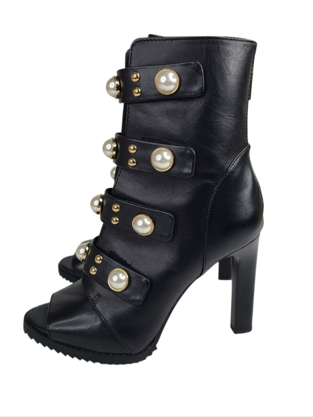 Karl Lagerfeld Paris Black Zippered Leather Boots Faux Pearl Accents Women's 6.5